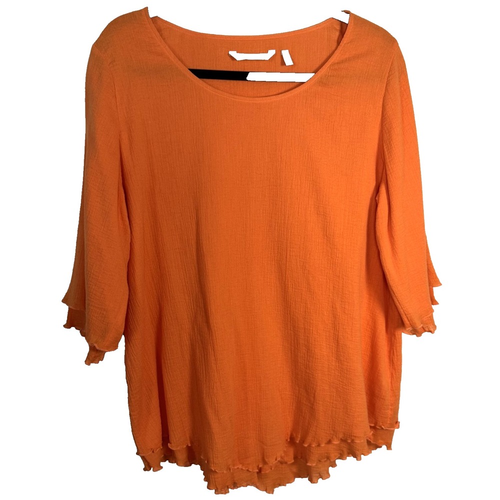 Soft Surroundings Orange Gauze Textured 100% Cotton Tiered Blouse Boho Festive